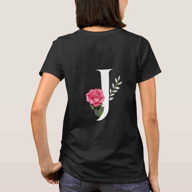 Monogram Initial Letter J  in White with Pink Rose T-Shirt (Back)