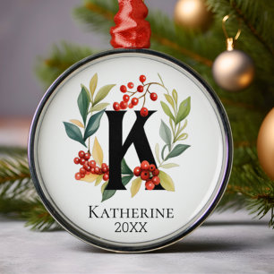 Monogram Initial Letter K Berry Wreath Christmas Metal Ornament