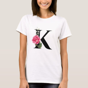 Monogram Initial Letter K in Black with Pink Rose T-Shirt