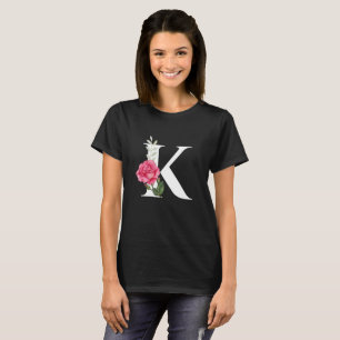 Monogram Initial Letter K  in White with Pink Rose T-Shirt