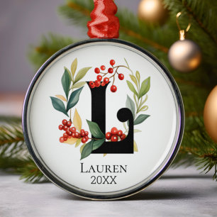 Monogram Initial Letter L Berry Wreath Christmas Metal Ornament