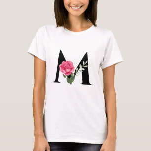 Monogram Initial Letter M in Black with Pink Rose T-Shirt