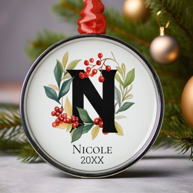 Monogram Initial Letter N Berry Wreath Christmas Metal Ornament (Creator Uploaded)