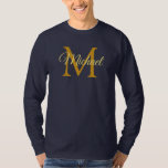 Monogram Initial Letter Name Men's Navy Blue Gold T-Shirt<br><div class="desc">Customise Monogram Initial Letter Name Men's Template Elegant Trendy Navy Blue Gold Basic Long Sleeve T-Shirt.</div>