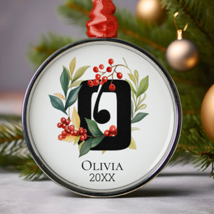 Monogram Initial Letter O Berry Wreath Christmas Metal Ornament