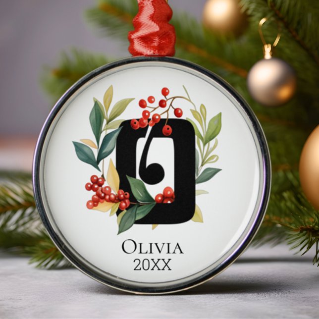 Monogram Initial Letter O Berry Wreath Christmas Metal Ornament (Creator Uploaded)