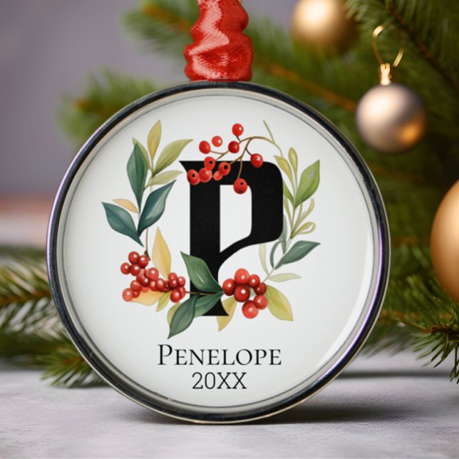 Monogram Initial Letter P Berry Wreath Christmas Metal Ornament (Creator Uploaded)
