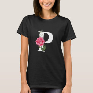 Monogram Initial Letter P in White with Pink Rose T-Shirt