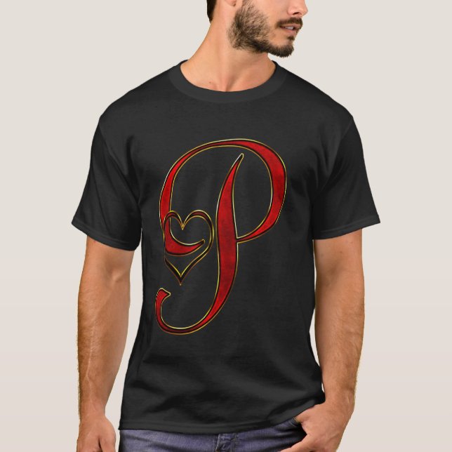 Monogram Initial Letter P Red Heart T-Shirt (Front)