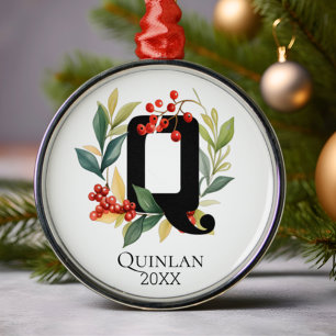 Monogram Initial Letter Q Berry Wreath Christmas Metal Ornament