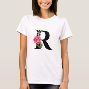 Monogram Initial Letter R in Black with Pink Rose T-Shirt