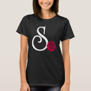 Monogram Initial Letter S with Red Rose on Black B T-Shirt