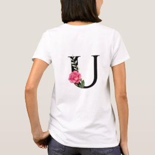 Monogram Initial Letter U in Black with Pink Rose T-Shirt