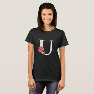 Monogram Initial Letter U in White with Pink Rose T-Shirt