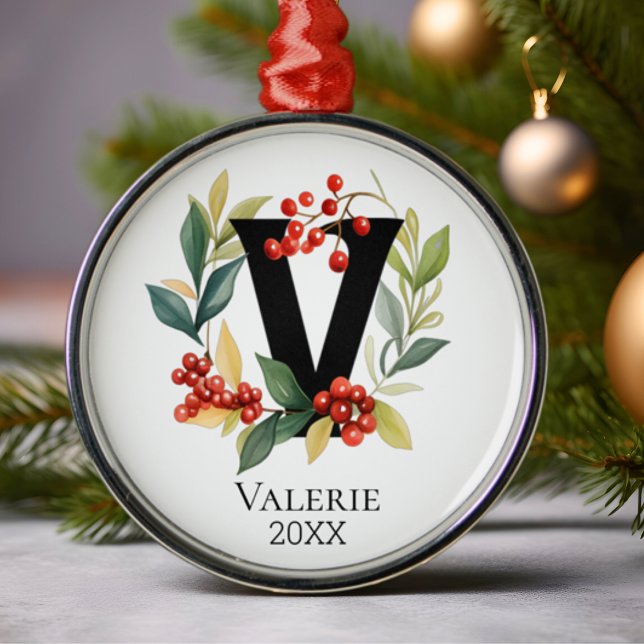 Monogram Initial Letter V Berry Wreath Christmas Metal Ornament (Creator Uploaded)
