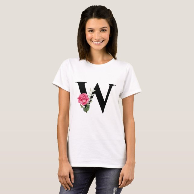 Monogram Initial Letter W in Black with Pink Rose T-Shirt (Front Full)