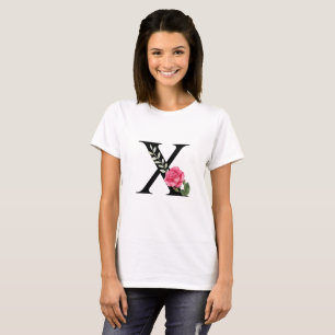 Monogram Initial Letter X in Black with Pink Rose T-Shirt
