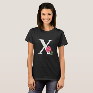 Monogram Initial Letter X in White with Pink Rose T-Shirt