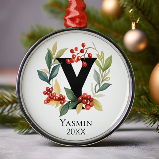 Monogram Initial Letter Y Berry Wreath Christmas Metal Ornament (Creator Uploaded)