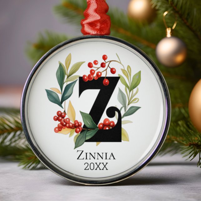 Monogram Initial Letter Z Berry Wreath Christmas Metal Ornament (Creator Uploaded)