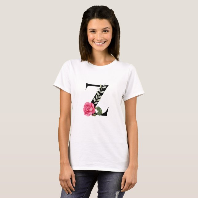 Monogram Initial Letter Z in Black with Pink Rose T-Shirt (Front Full)