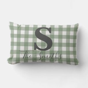 Monogram Initial Light Green Buffalo Plaid Lumbar Cushion