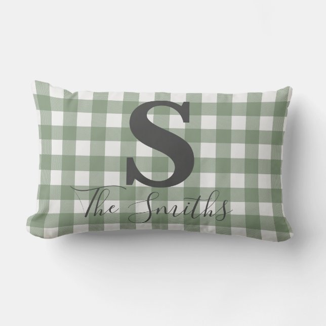 Monogram Initial Light Green Buffalo Plaid Lumbar Cushion (Front)
