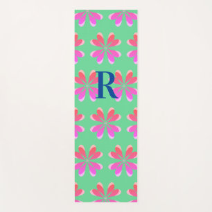 Monogram Initial Lime Green Pink Retro Floral Yoga Mat