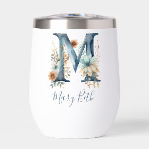 Monogram Initial M Blue Floral Watercolor Gift Her