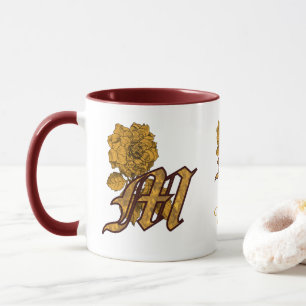 Monogram Initial M Elegant Gold Peony Personalised Mug