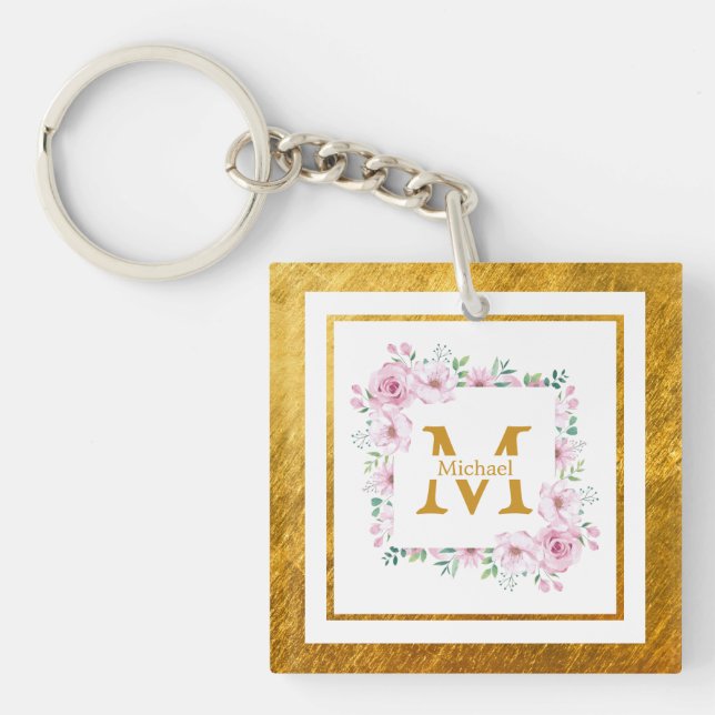 Monogram Initial "M" Floral - Pink Roses & Gold Key Ring (Front)