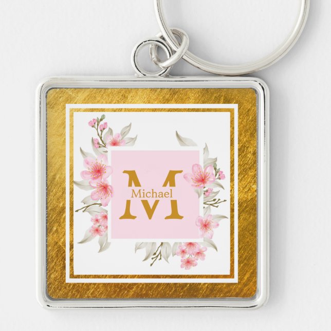Monogram Initial "M" Floral - Pink Roses & Gold Key Ring (Front)