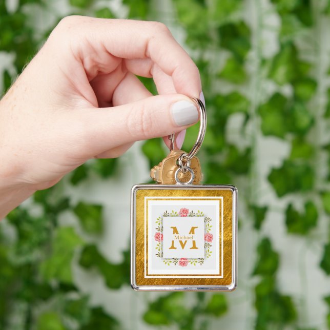 Monogram Initial "M" Floral - Pink Roses & Gold Key Ring (Hand)