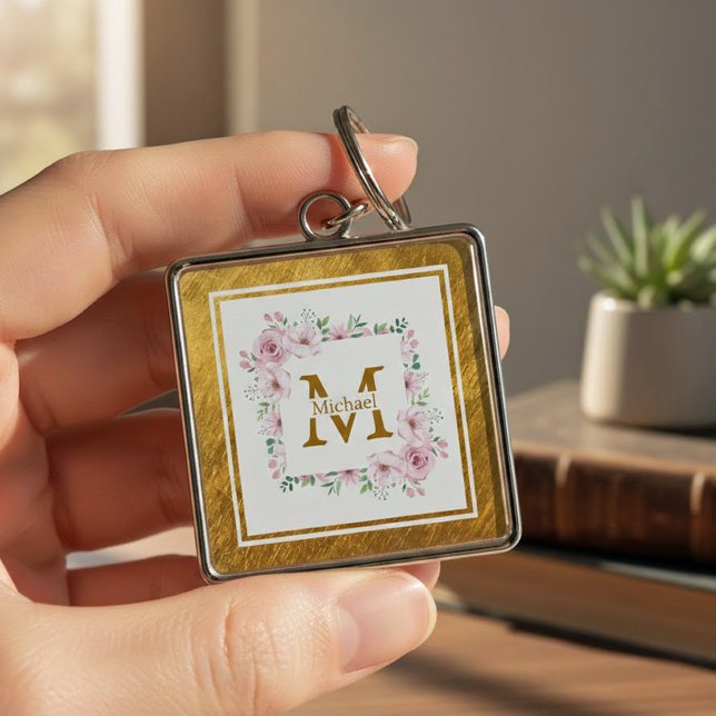 Monogram Initial "M" Floral - Pink Roses & Gold Key Ring (Creator Uploaded)