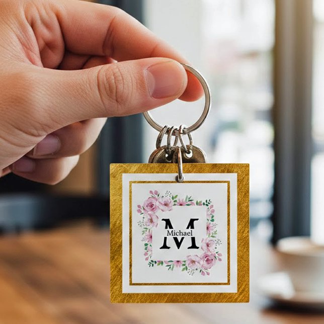 Monogram Initial "M" Floral - Pink Roses & Gold Key Ring (Creator Uploaded)