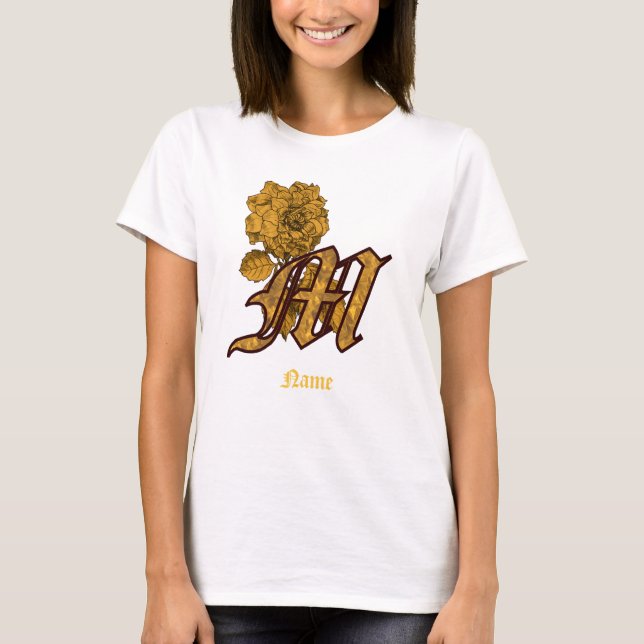 Monogram Initial M Gold Peony Flower Personalised T-Shirt (Front)