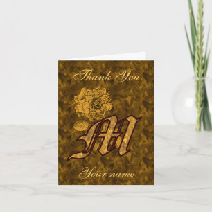 Monogram Initial M Gold Satin Peony Personalised Thank You Card