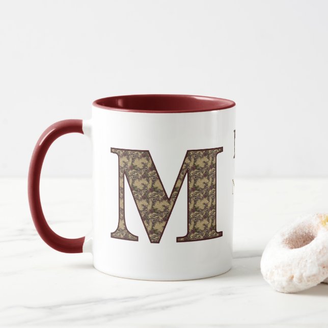 Monogram Initial M Vintage Floral Personalised Mug (With Donut)