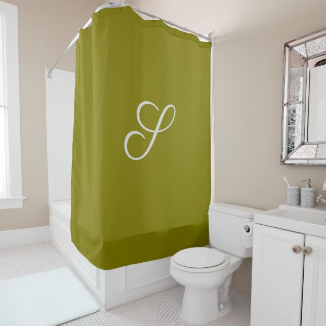 Monogram initial minimalist sage green  shower curtain (In Situ)