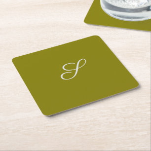 Monogram initial minimalist sage green square paper coaster