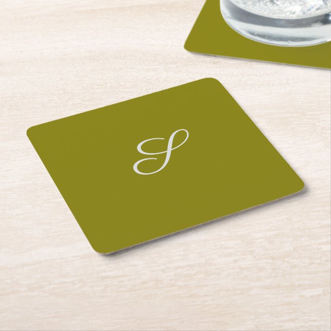 Monogram initial minimalist sage green  square paper coaster (Angled)