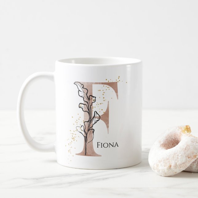 Monogram Initial Modern Letter F Boho Personalised Coffee Mug (With Donut)