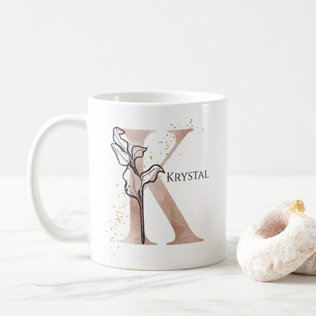 Monogram Initial Modern Letter K Boho Personalised Coffee Mug (With Donut)