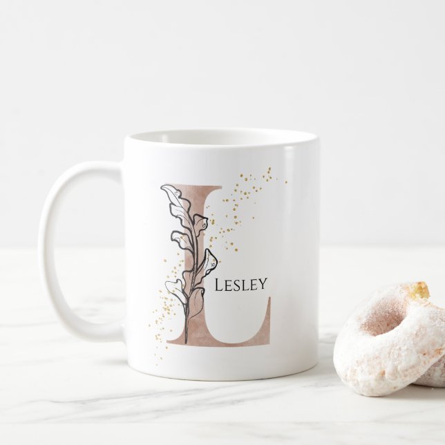 Monogram Initial Modern Letter L Boho Personalised Coffee Mug (With Donut)