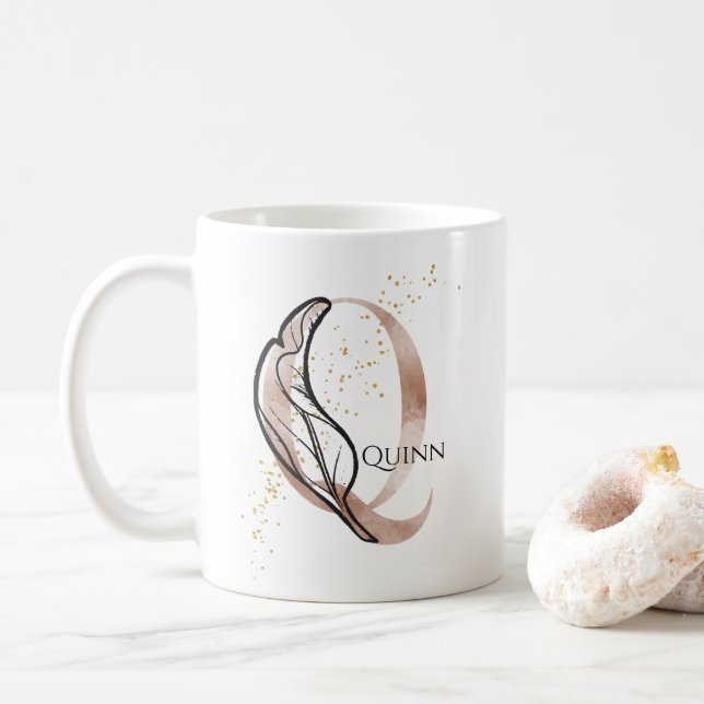 Monogram Initial Modern Letter Q Boho Personalised Coffee Mug (With Donut)