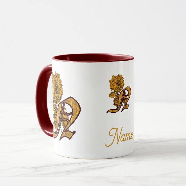 Monogram Initial N Gold Peony Personalised Mug (Front Left)