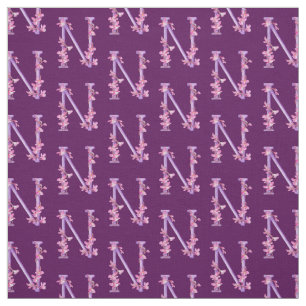 Monogram initial N purple orchid floral watercolor Fabric