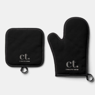Monogram Initial Name Black Oven Mitt & Pot Holder Set