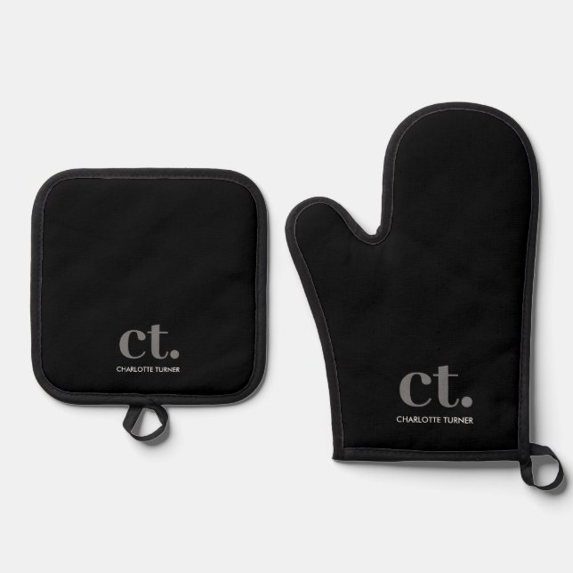 Monogram Initial Name Black Oven Mitt & Pot Holder Set (Front)