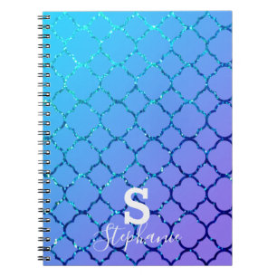Monogram Initial Name Blue Glitter Quatrefoil Cool Notebook